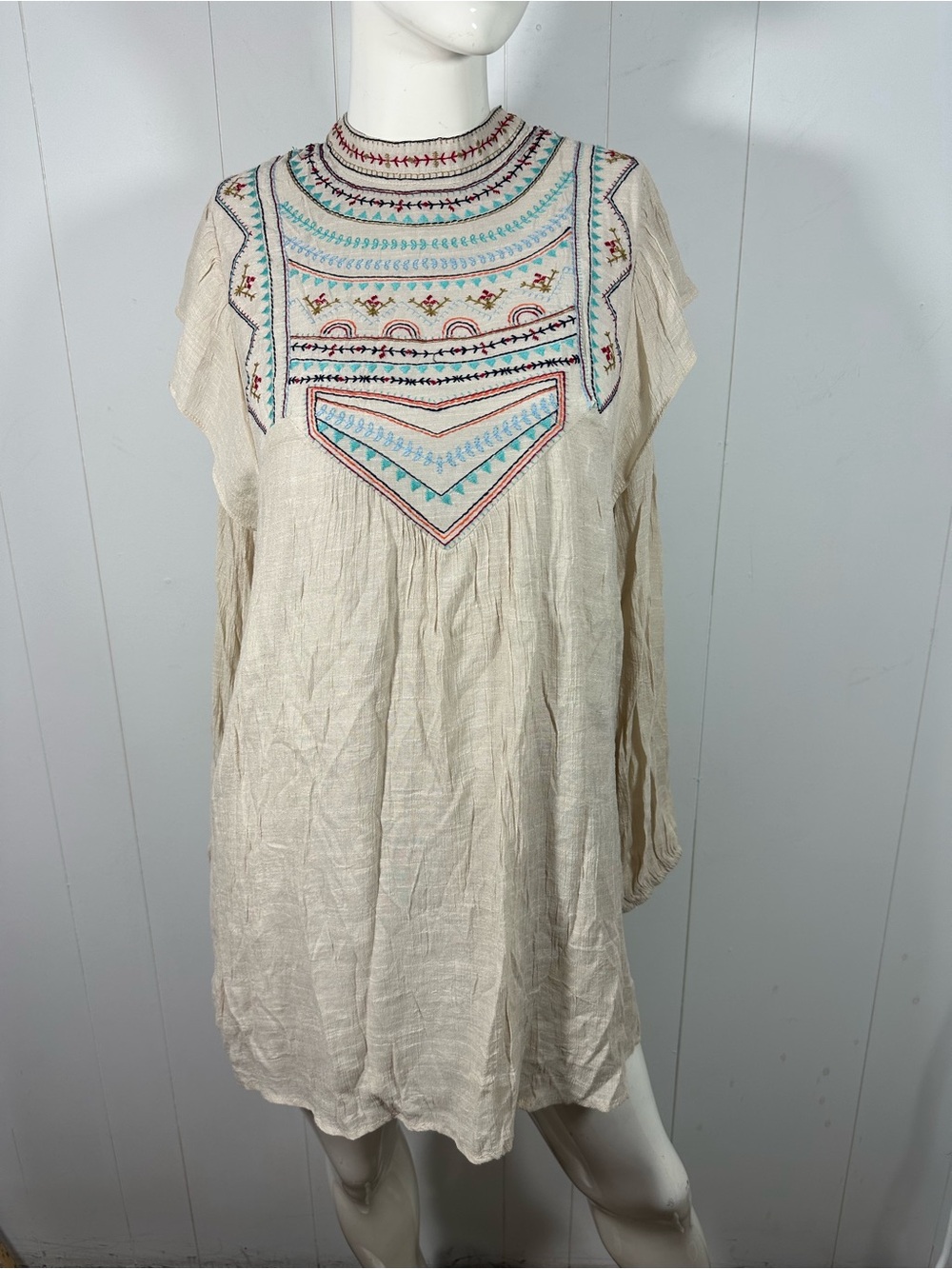 Umgee Size S Boho Embroidered Front Long Sleeve Mini Beige Dress Women’s